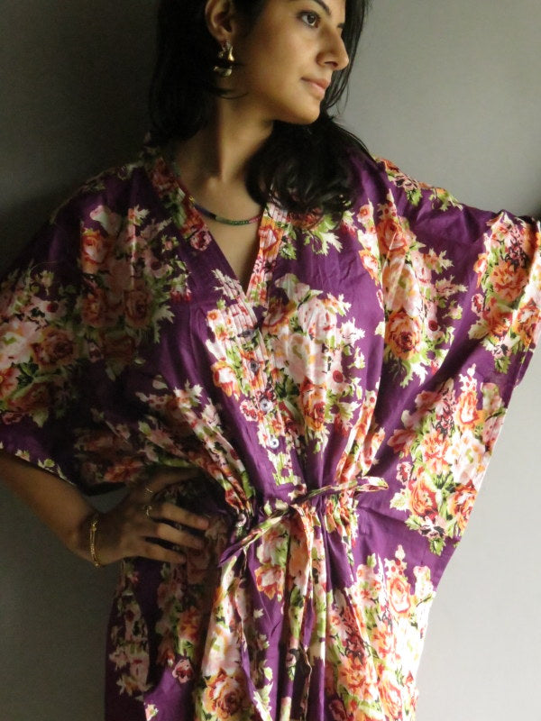 Purple Floral V-Neck Button Down to Waist, Ankle Length, Cinched Waist Caftan