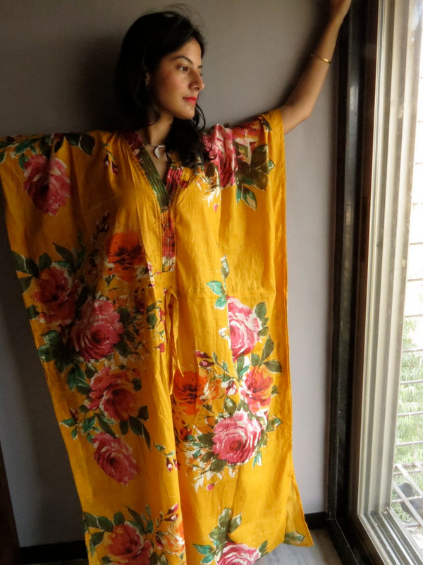 Yellow Large Floral Blossom V-Neck Button Down to Waist, Ankle Length, Cinched Waist Caftan