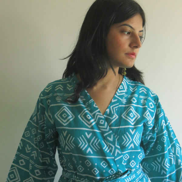 Teal Aztec Knee Length, Kimono Crossover Belted Robe
