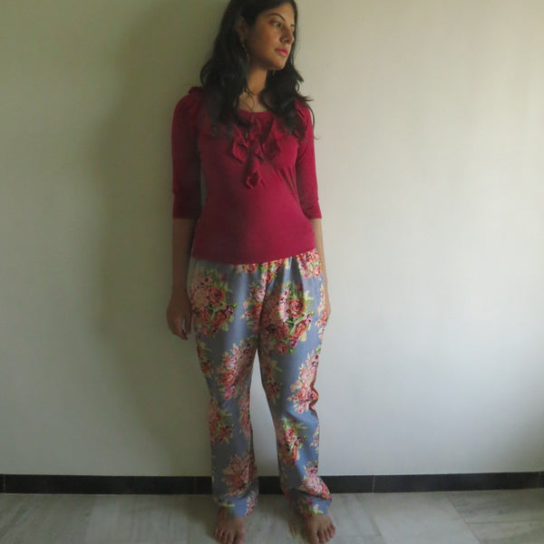 Gray Floral Straight Cut Drawstring Pajamas