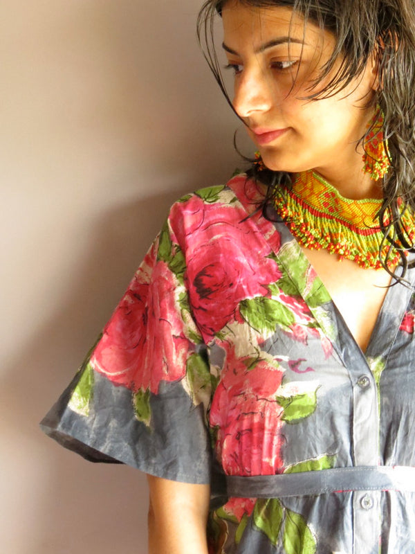 Gray Fuchsia Large Floral Blossom V-Neck Full Button Down, Ankle Length, Belted Caftan