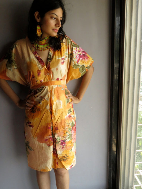 Light Peach Multicolor Big Flower V-Neck Button Down to Waist, Knee Length, Cinched Waist Caftan