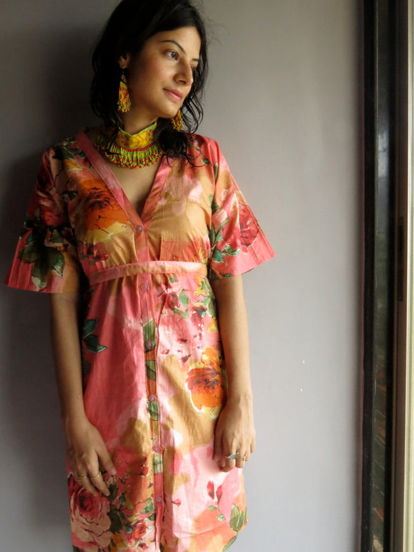 Coral Multicolor Big Flower V-Neck Button Down to Waist, Knee Length, Cinched Waist Caftan