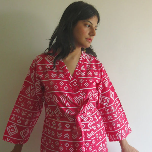 Red Aztec Knee Length, Kimono Crossover Belted Robe