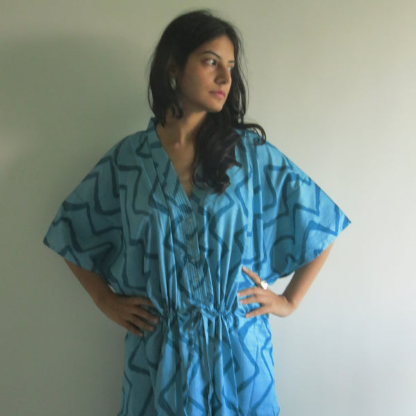 Teal Chevron V-Neck Button Down to Waist, Ankle Length, Cinched Waist Caftan