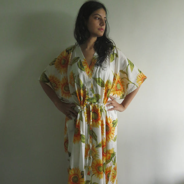 White Sunflower V-Neck Button Down to Waist, Ankle Length, Cinched Waist Caftan
