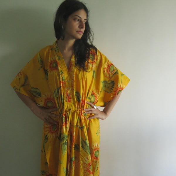 Yellow Sunflower V-Neck Button Down to Waist, Ankle Length, Cinched Waist Caftan
