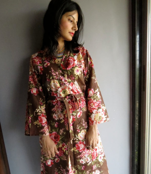 Brown Floral Ankle Length, Kimono Crossover Belted Robe-A2 fabric Code