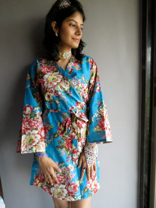 Blue Floral Knee Length, Kimono Crossover Belted Robe-A4 fabric Code