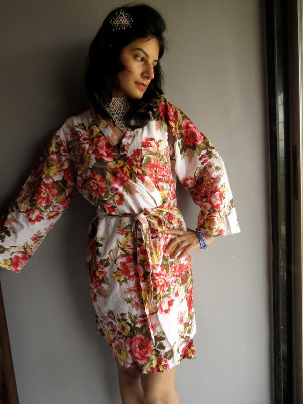 White Floral Knee Length, Kimono Crossover Belted Robe-A9 fabric Code