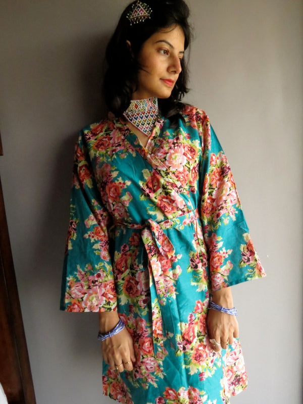 Teal Floral Knee Length, Kimono Crossover Belted Robe-C2 fabric Code