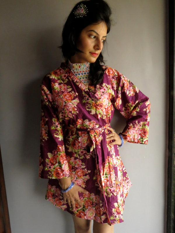 Purple Floral Knee Length, Kimono Crossover Belted Robe-C8 fabric Code