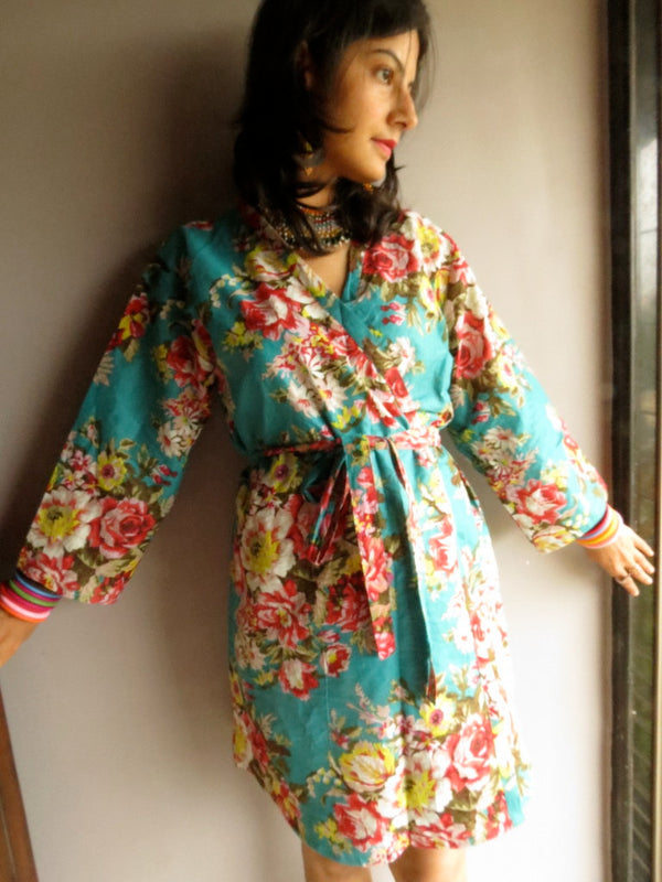 Teal Floral Knee Length, Kimono Crossover Belted Robe- A1 fabric Code