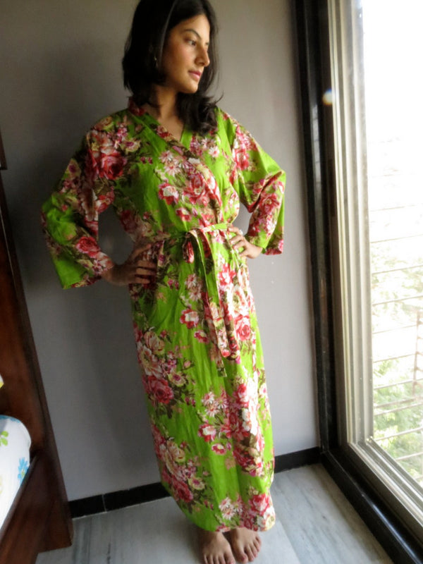 Green Floral Ankle Length, Kimono Crossover Belted Robe