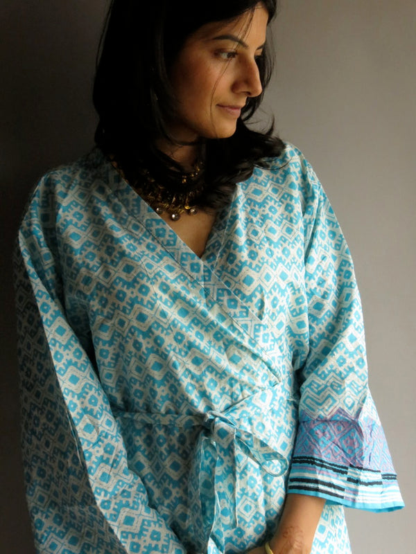 Light Blue Chevron Knee Length, Kimono Crossover Belted Robe