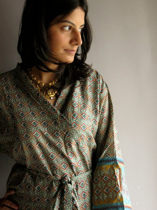 Blue Plaid Knee Length, Kimono Crossover Belted Robe