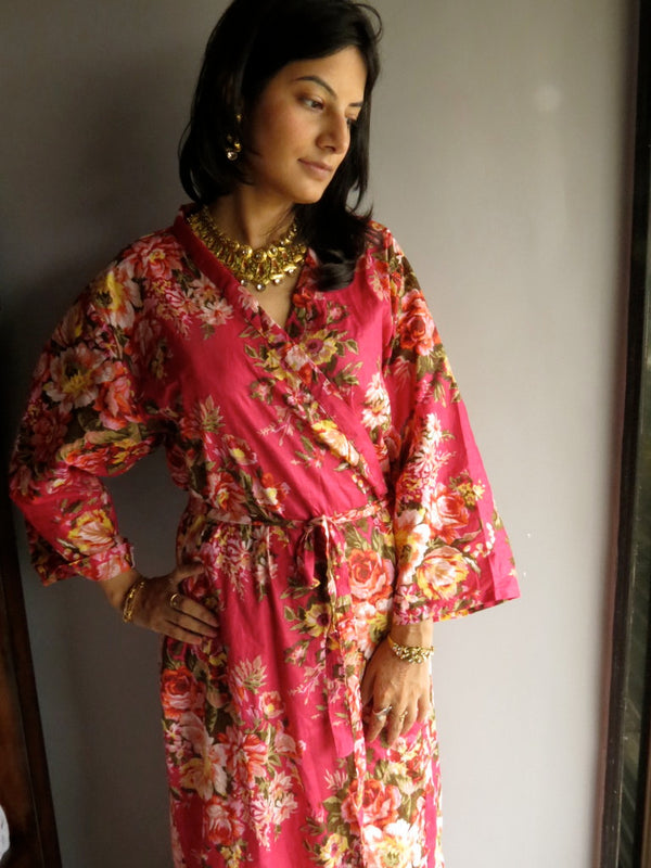 Magenta Floral Ankle Length, Kimono Crossover Belted Robe-A6 fabric Code
