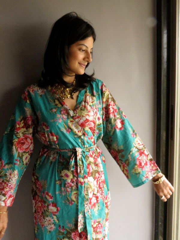 Teal Floral Ankle Length, Kimono Crossover Belted Robe-A1 fabric Code