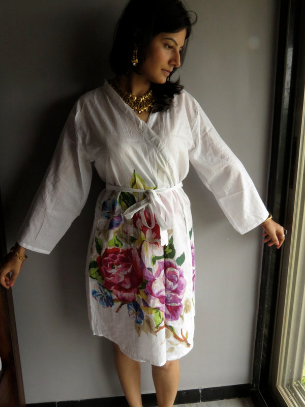White Single Flower Knee Length, Kimono Crossover Belted Robe