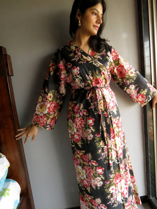 Black Floral Ankle Length, Kimono Crossover Belted Robe