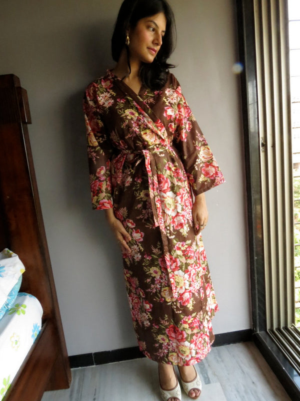 Brown Floral Ankle Length, Kimono Crossover Belted Robe-A2 fabric Code