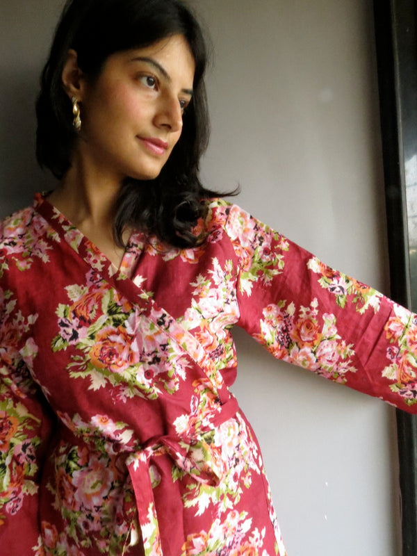 Maroon Floral Knee Length, Kimono Crossover Belted Robe- C3 fabric Code