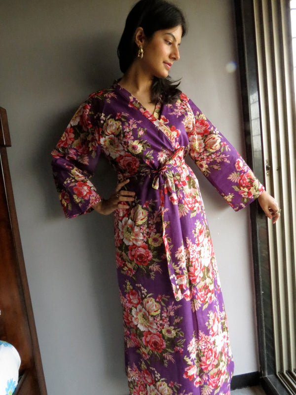 Purple Floral Ankle Length, Kimono Crossover Belted Robe-A10 fabric Code