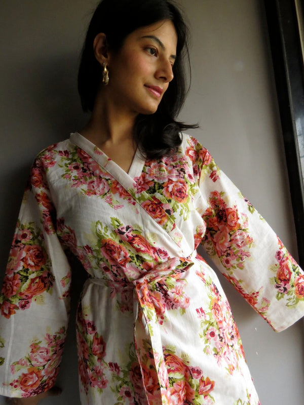 White Floral Ankle Length, Kimono Crossover Belted Robe-C7 fabric Code
