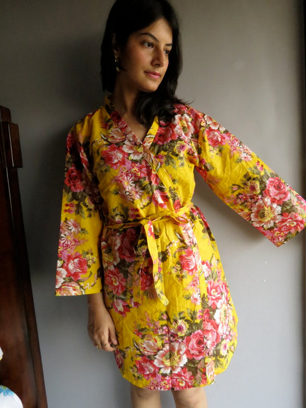 Yellow Floral Knee Length, Kimono Crossover Belted Robe-A7 fabric Code