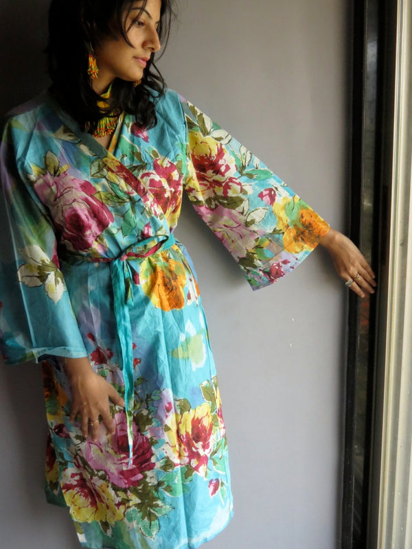Blue Floral Knee Length, Kimono Crossover Belted Robe
