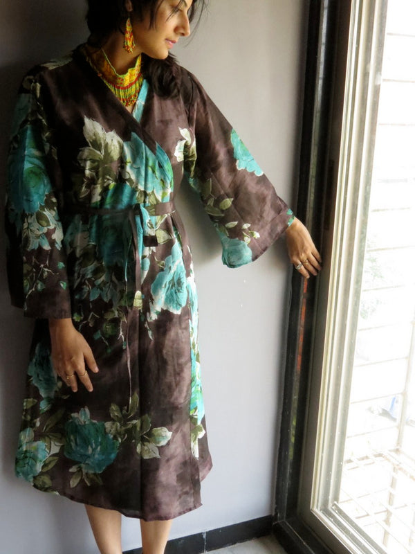 Brown Floral Knee Length, Kimono Crossover Belted Robe