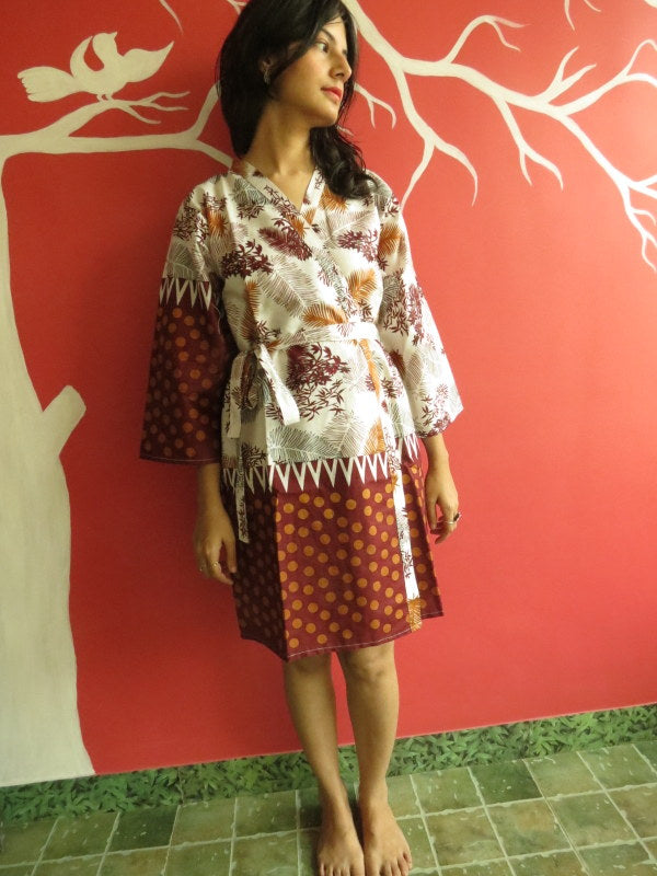 White Maroon leafy Knee Length, Kimono Crossover Belted Robe