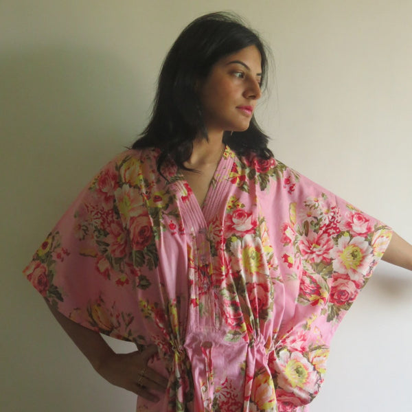 Pink Floral Rosy Red Posy V-Neck Button Down to Waist, Ankle Length, Cinched Waist Caftan