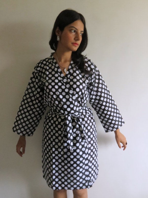 Black Polka Dots Knee Length, Kimono Crossover Belted Robe