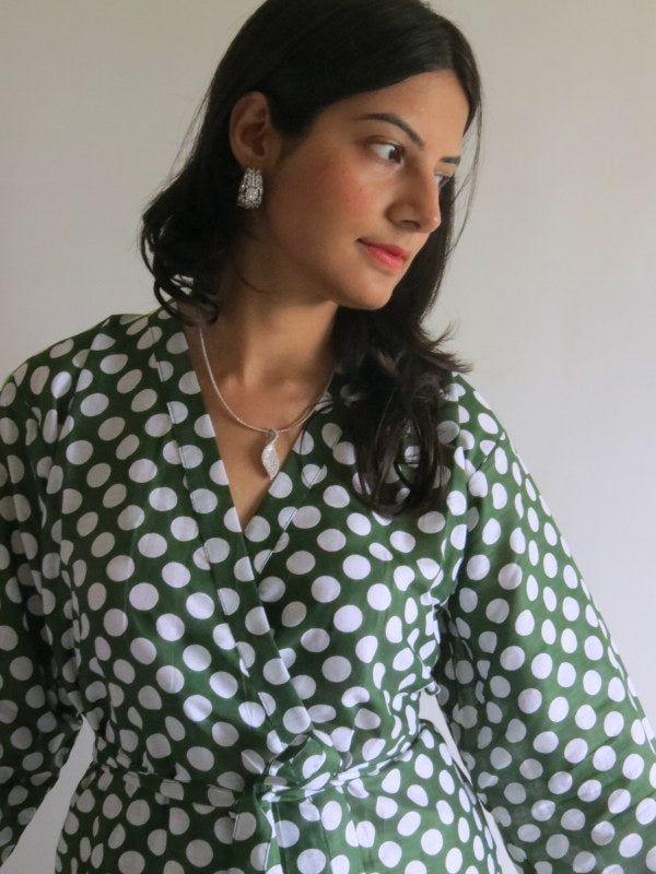 Dark Green Polka Dots Knee Length, Kimono Crossover Belted Robe