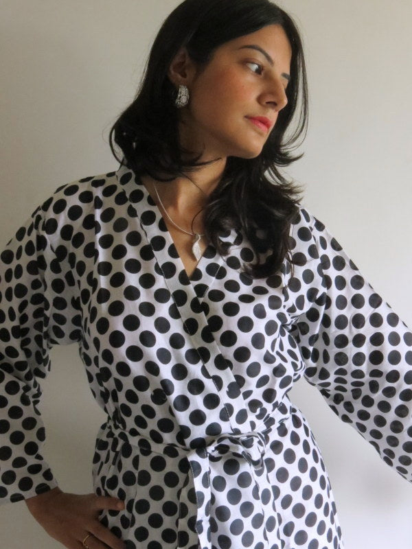 White Polka Dots Knee Length, Kimono Crossover Belted Robe