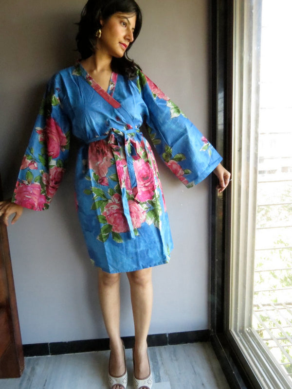 Blue Floral Knee Length, Kimono Crossover Belted Robe-E2 fabric Code