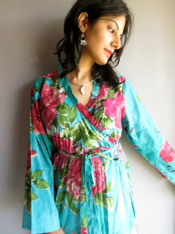 Teal Floral Ankle Length, Kimono Crossover Belted Robe-E7 fabric Code