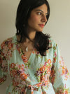 Mint Floral Knee Length, Kimono Crossover Belted Robe