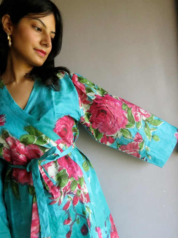 Teal Floral Knee Length, Kimono Crossover Belted Robe-E7 fabric Code