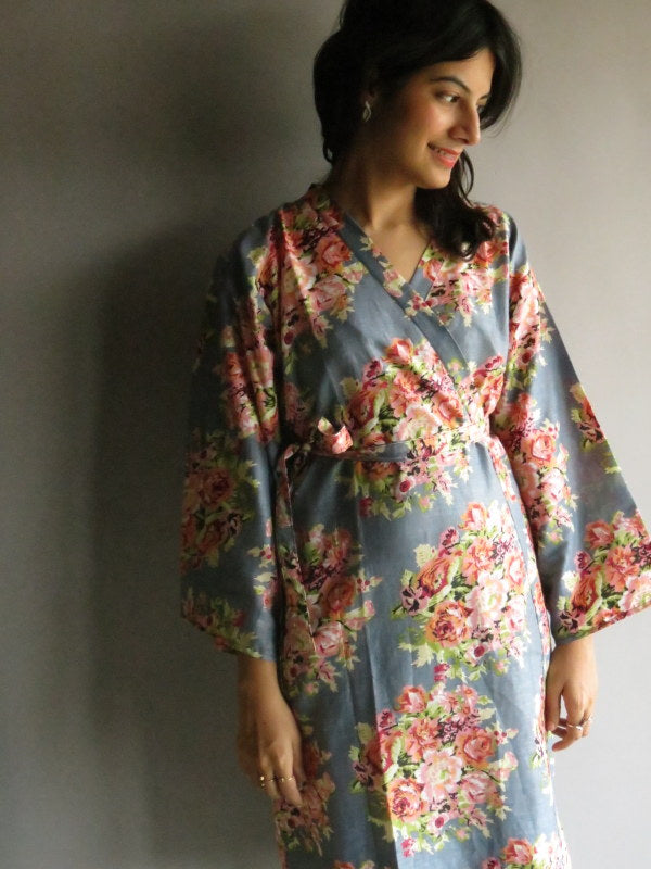 Gray Floral Knee Length, Kimono Crossover Belted Robe-C13 fabric Code