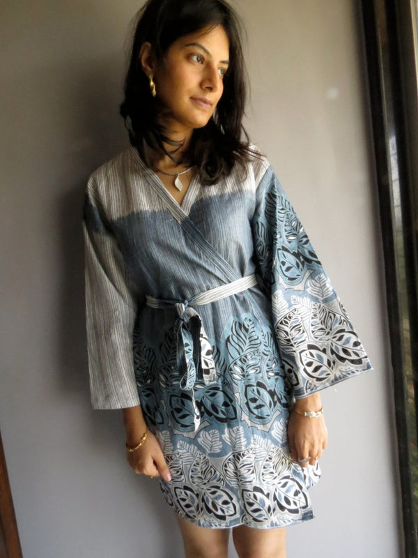 Gray Striped Knee Length, Kimono Crossover Belted Robe