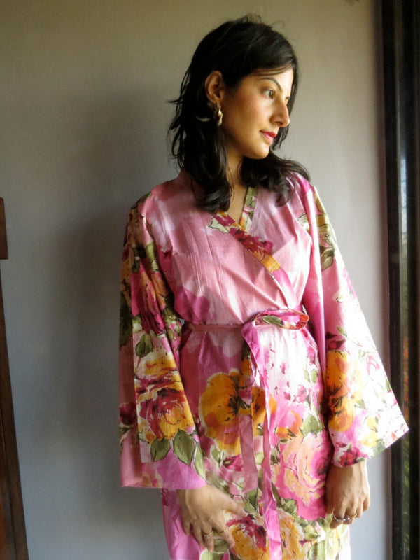 Pink Floral Knee Length, Kimono Crossover Belted Robe-D5 fabric Code