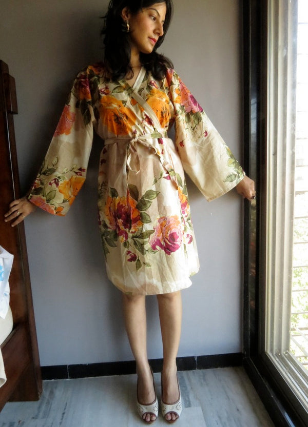 Cream Beige Floral Knee Length, Kimono Crossover Belted Robe