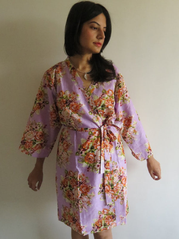 Lilac Floral Knee Length, Kimono Crossover Belted Robe