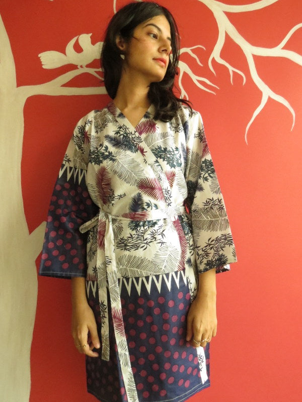 White Blue Leafy Knee Length, Kimono Crossover Belted Robe