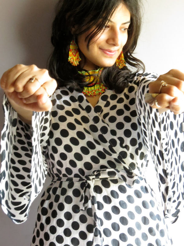 White Black Dots MidCalf Length, Kimono Crossover Belted Robe