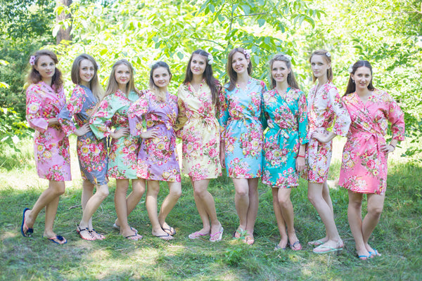 Mismatched Rosy Red Posy Patterned Bridesmaids Robes in Soft Tones