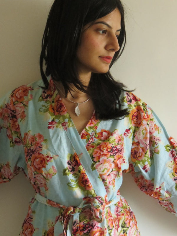 Light Blue Floral Knee Length, Kimono Crossover Belted Robe