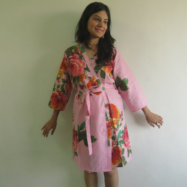 Pink Big Floral Knee Length, Kimono Crossover Belted Robe